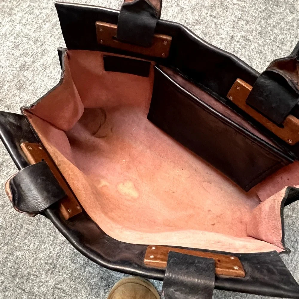 Francisco Mondet Leather and Wood Tote Bag Purse Large Designer Handmade Fashion